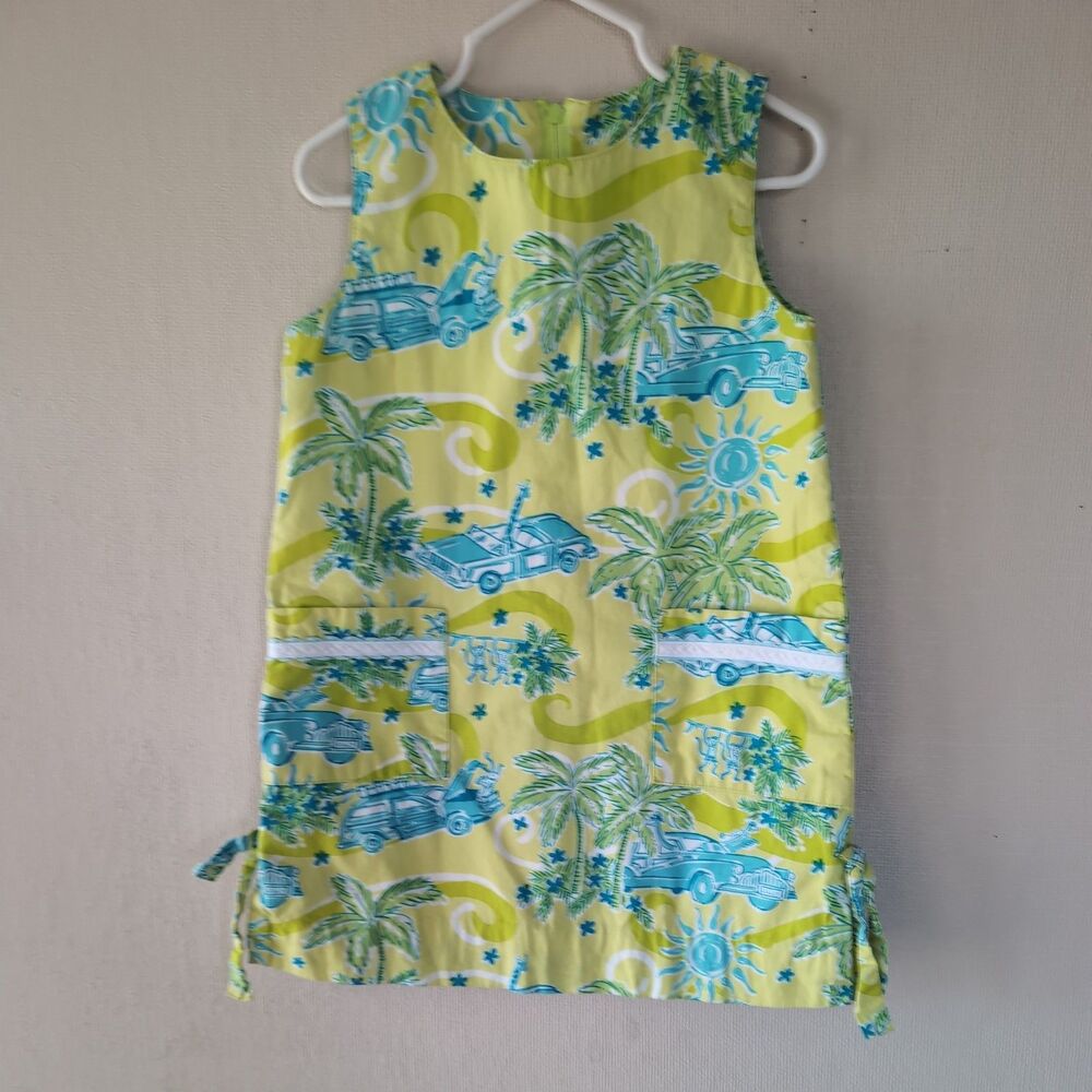 Lily Pulitzer Dress Girl 4T Yellow Tropical Palm Tree Woody Car Sleeveless Shift